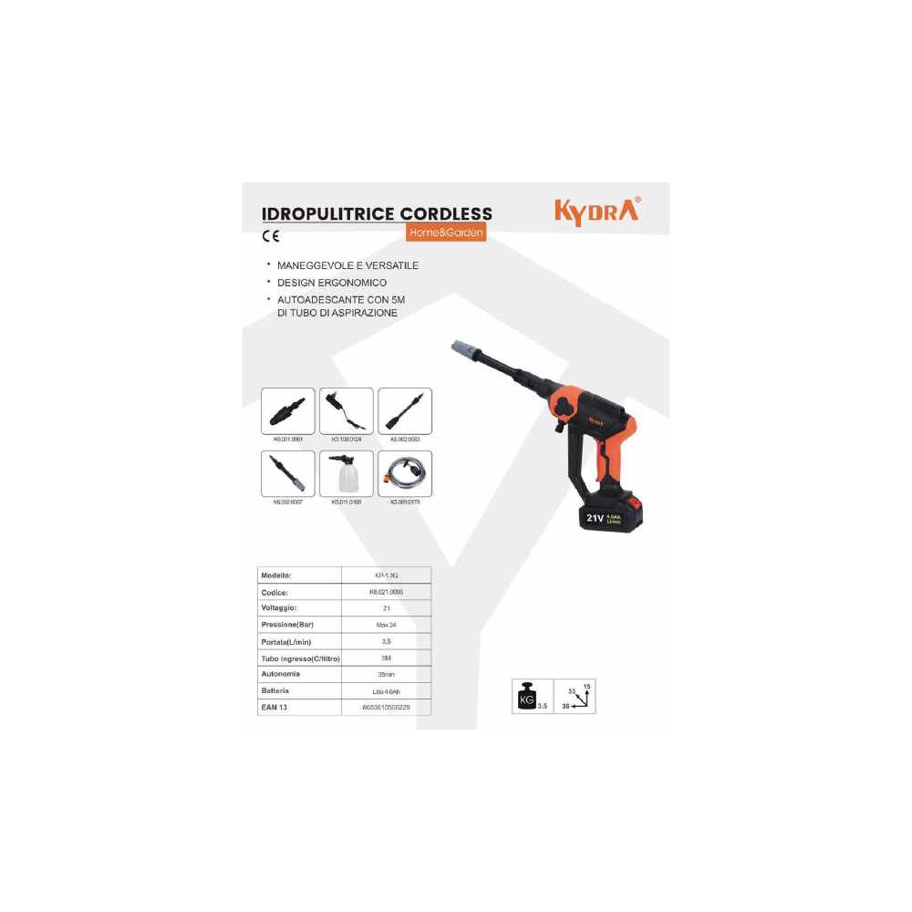 Idropulitrice pistola a batteria 21V 4Ah Kydra KP 1.3G4
