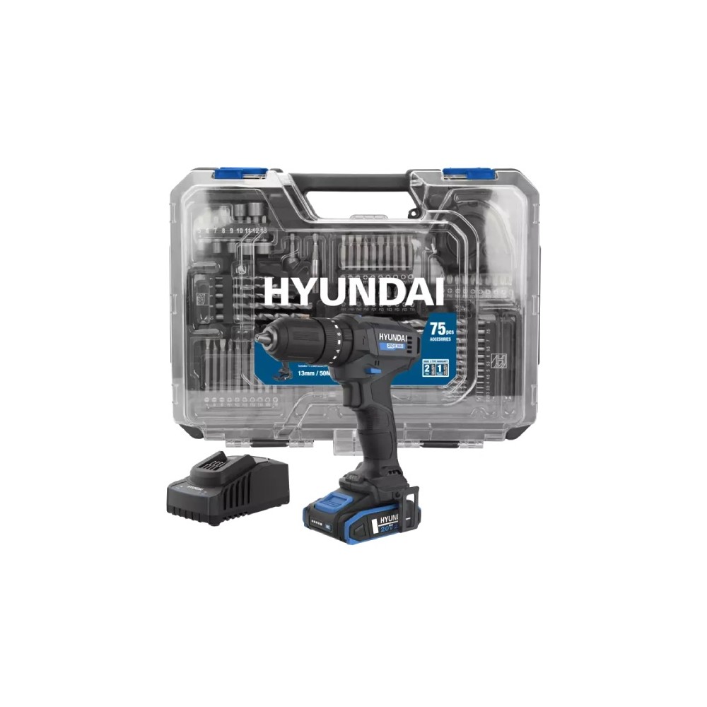 Trapano Avvitatore a Percussione Brushed 20V + Batt. 2Ah Hyundai 25873 50Nm +75 Utensili Trapano Avvitatore a Percussione Brushed 20V + Batt. 2Ah Hyundai 25873 50Nm +75 Utensili