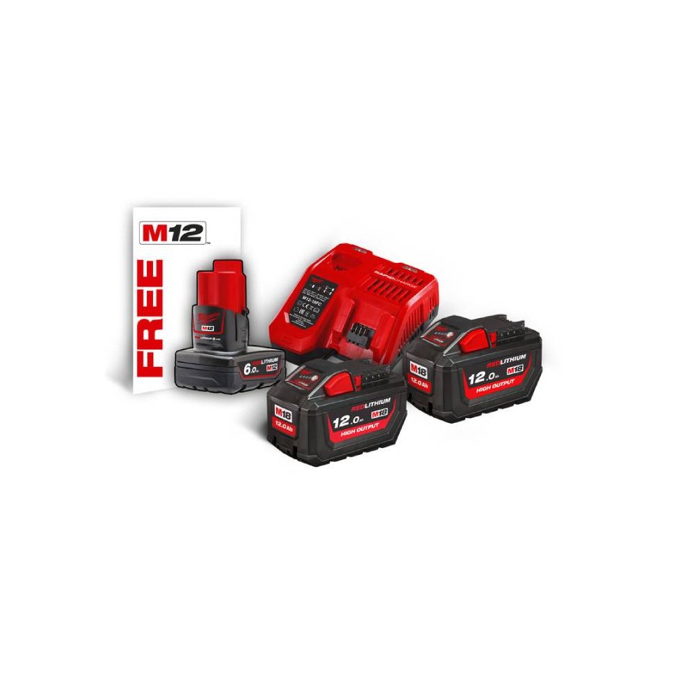 Energy Kit M18 2X12Ah + Caricabatterie rapido MilwaukeeM18 HNRG-122 + Batt. M12 6Ah