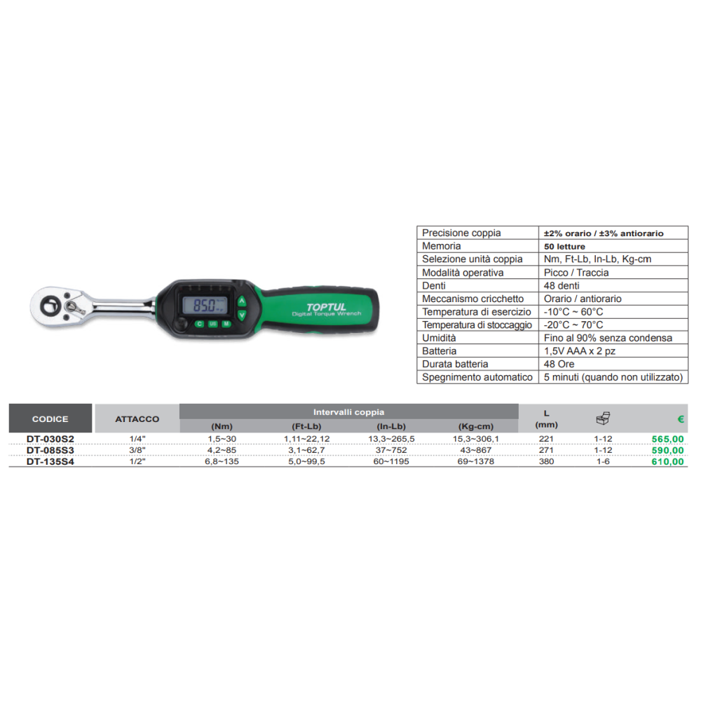 Chiave Dinamometrica Digitale 1/2" Da 6.8 A 135nm Toptul DT-135S4