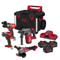 Kit M18 Trapano con Percussione + Tassellatore + Smerigliatrice + Avvitatore Ad Impulsi ½" Milwaukee M18 FPP4HF-803P in Packout
