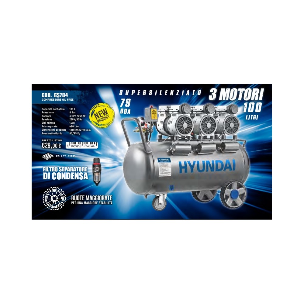 Compressore supersilent hp 3 1f 8bar 480 l/m Hyundai 65704