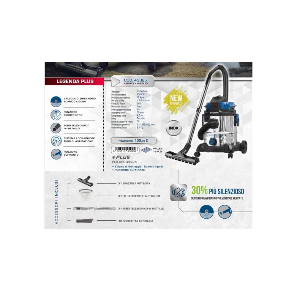 Aspiratore supersilent liquidi 1000W hyundai 45025