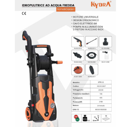 Idropulitrice ad acqua fredda 150Bar 2100W Kydra KPR5.3