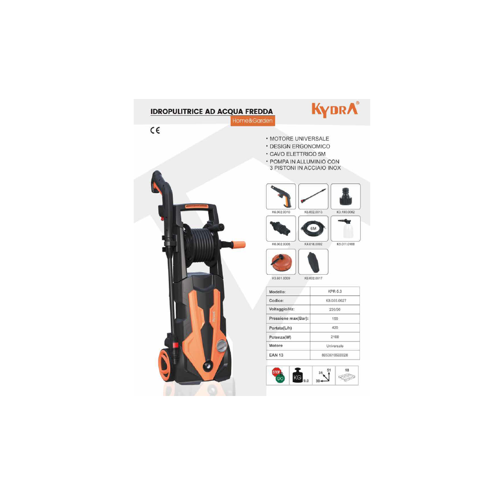 Idropulitrice ad acqua fredda 150Bar 2100W Kydra KPR5.3