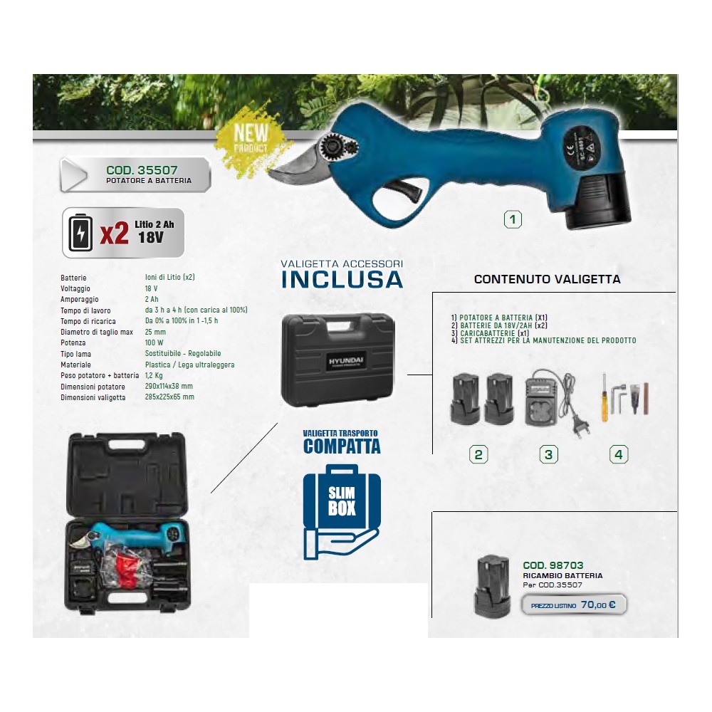 Forbice da Potatura 2 Batterie 18V 2ah - Diametro di Taglio 25mm - 100W HYUNDAI 35507