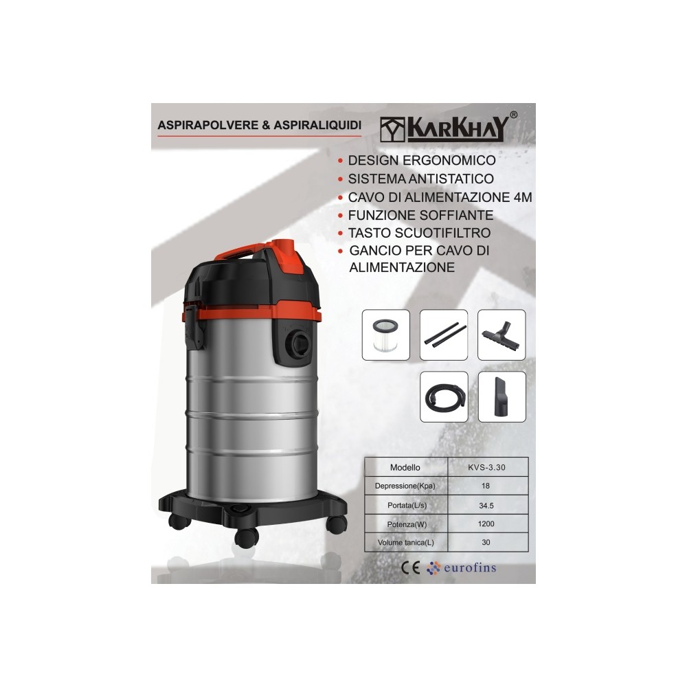 Aspiratore Professionale 30LT Karkhay KVS 3.30K 1200W