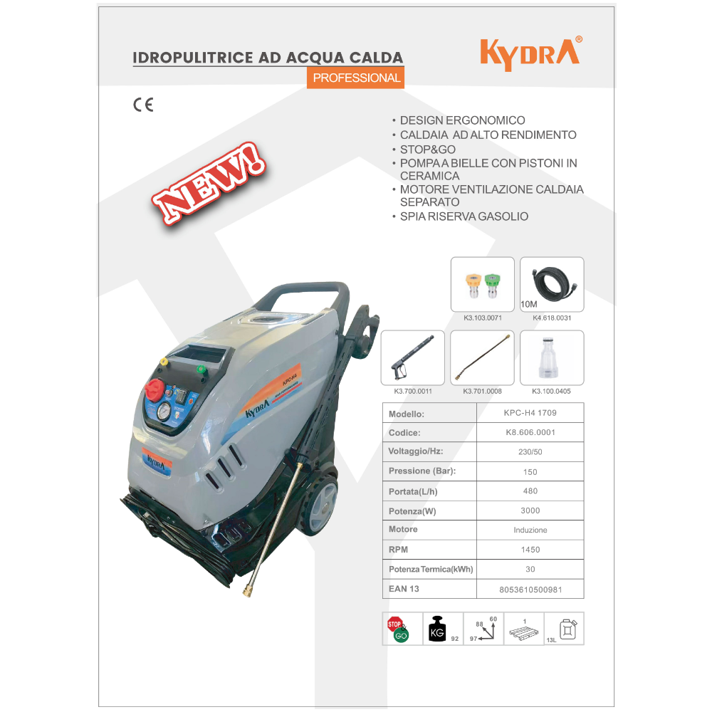 KYDRA KPCH4-1709 IDROPULITRICE PROFESSIONALE ACQUA CALDA 150Bar 480L/h  3000W 1F 4 POLI KYDRA