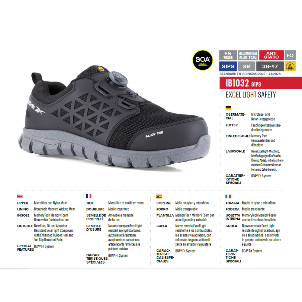 Scarpe Antinfortunistiche Reebok Excel Light IB1032 S1P BOA Lancing System Black Alloy Toe