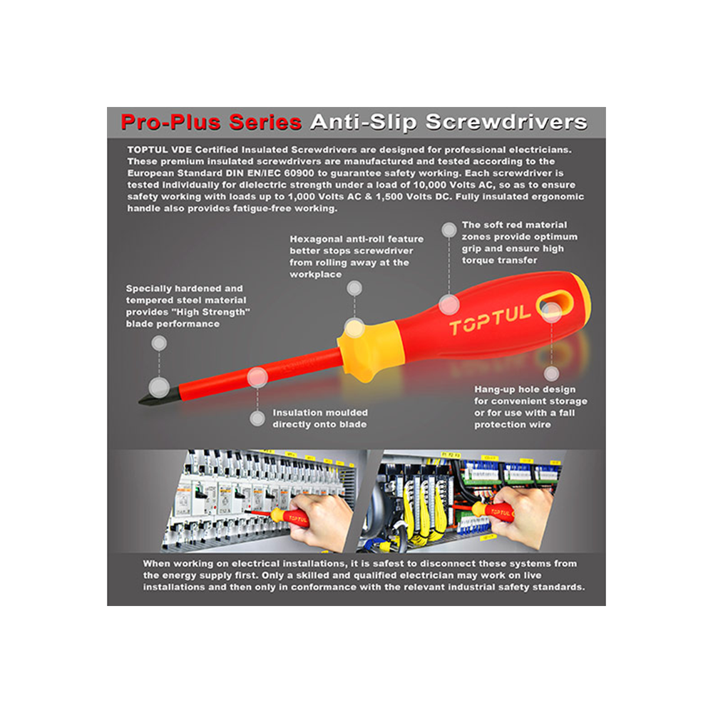 Pozidriv FL2 100mm screwdrivers with combined tip VDE insulated Toptul FXEF0210V4